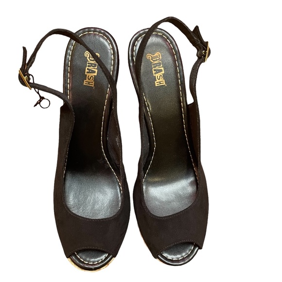 BRASH NWT Black Open-Toe Slingback Wedge Heel Shoes Size 11 - Picture 13 of 15